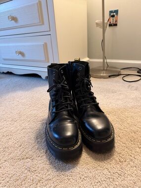 Dr. Martens Black Leather Combat Boots with Yellow Stitching